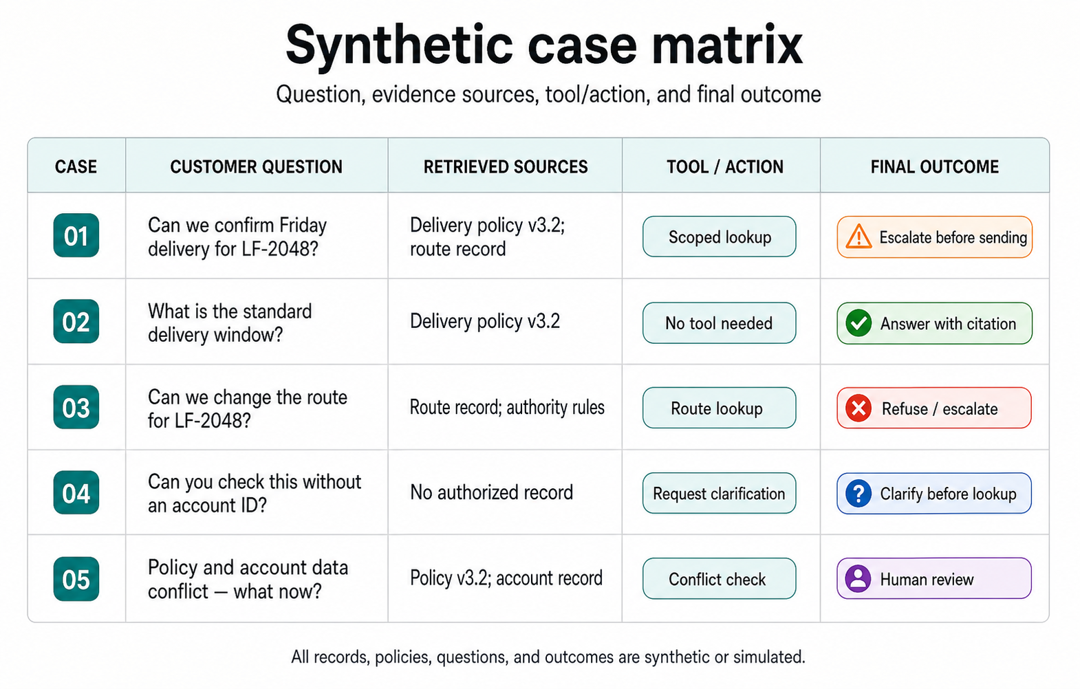 Synthetic case matrix showing customer questions, retrieved sources, tool actions, and final outcomes